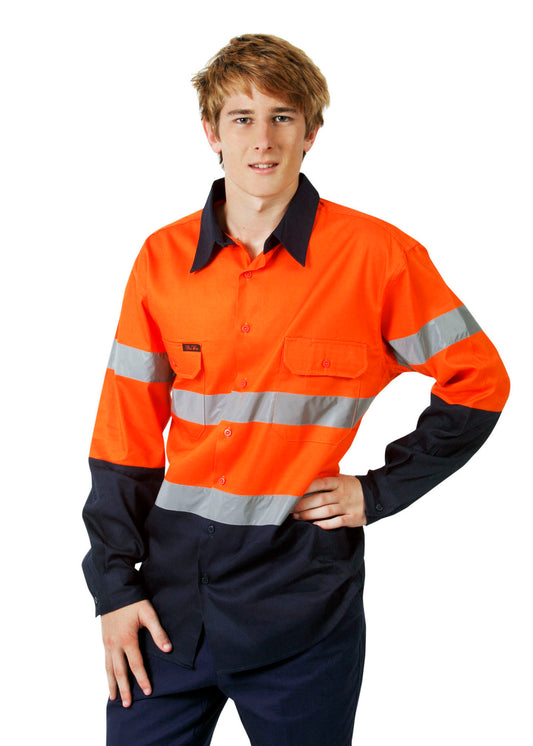 Blue Whale Unisex High Vis 190GSM Cotton Drill Shirt Long Sleeve Reflective Tape