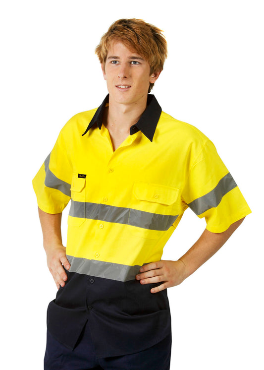 Blue Whale Unisex High Vis 190GSM Cotton Drill Shirt Short Sleeve Reflective Tape